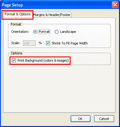 Format & Options > Print Background