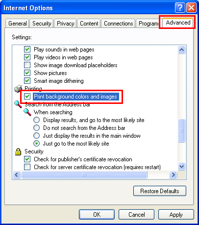 Advanced > Print Background Colors and Images